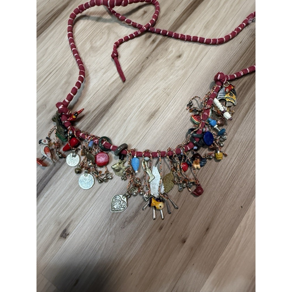 Handmade Multiple Clay/Metal Charm Coin Scarf Necklace Peruvian S American Gypsy